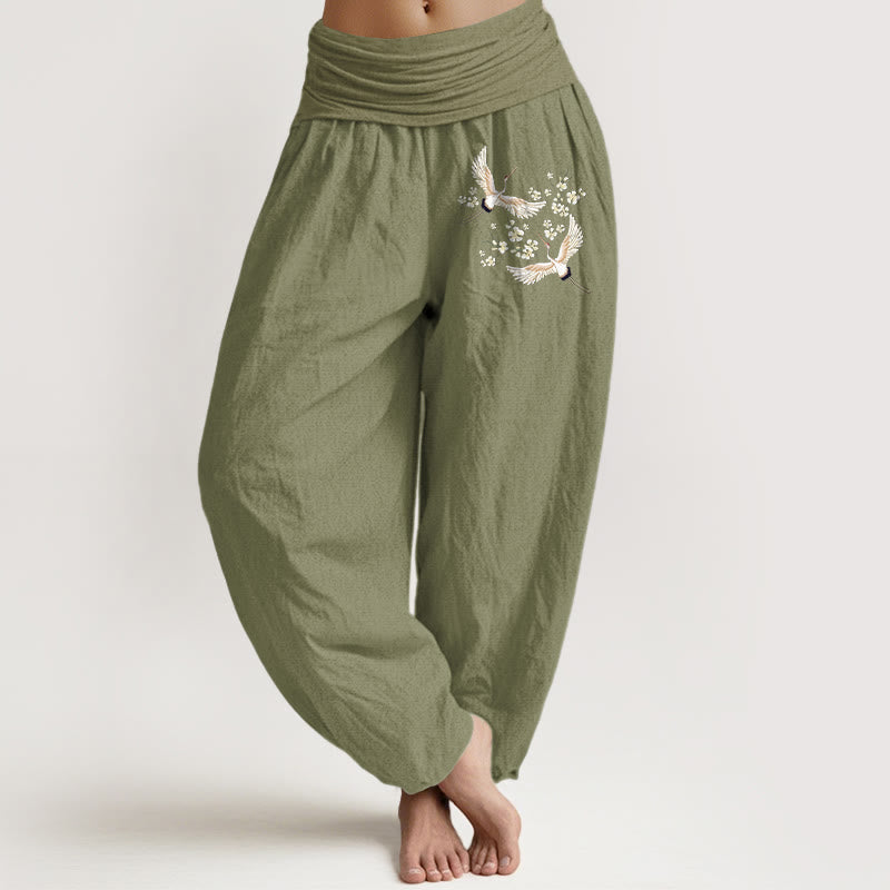 Nimara Ritual Cranes Flowers Pattern Pure Cotton Women's Elastic Waist Harem Pants