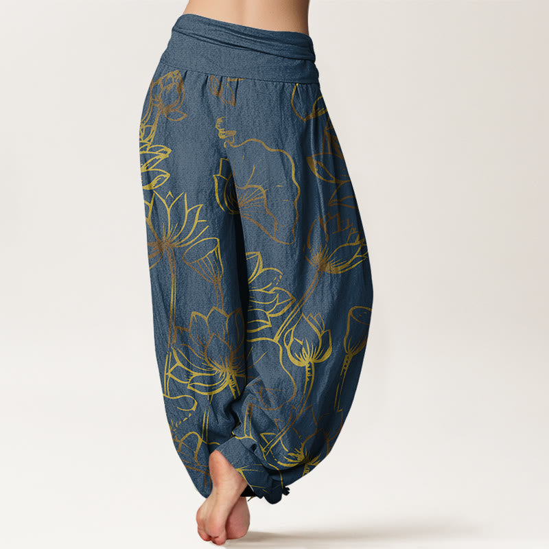 Nimara Ritual Print Lotus Flowers Leaves Pattern Women's Elastic Waist Harem Cotton Pants