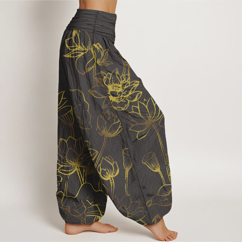 Nimara Ritual Print Lotus Flowers Leaves Pattern Women's Elastic Waist Harem Cotton Pants