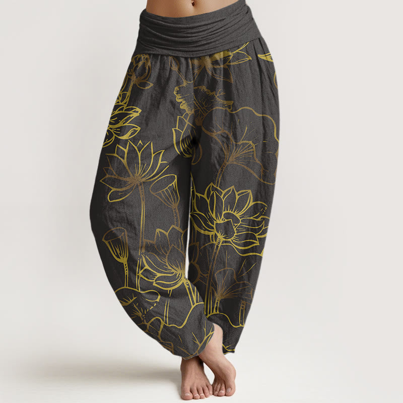 Nimara Ritual Print Lotus Flowers Leaves Pattern Women's Elastic Waist Harem Cotton Pants