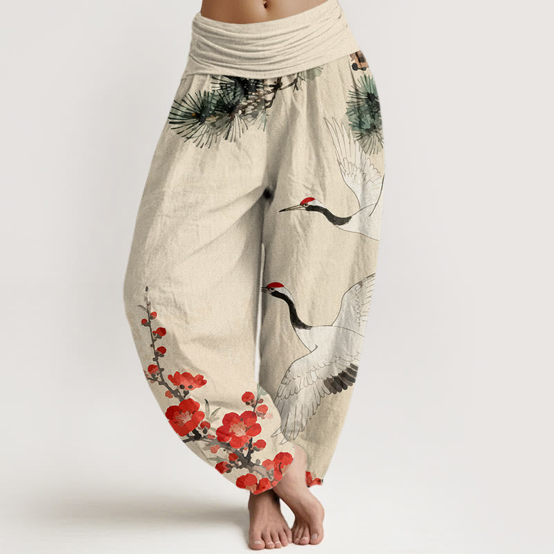Nimara Ritual Print Cranes Plum Blossoms Pattern Women's Elastic Waist Harem Cotton Pants