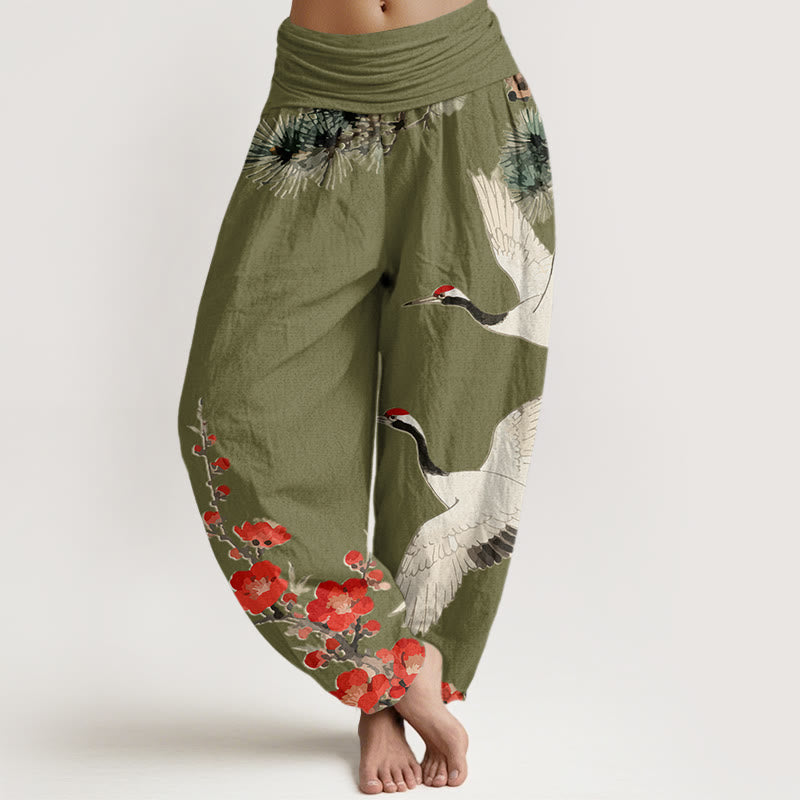 Nimara Ritual Print Cranes Plum Blossoms Pattern Women's Elastic Waist Harem Cotton Pants