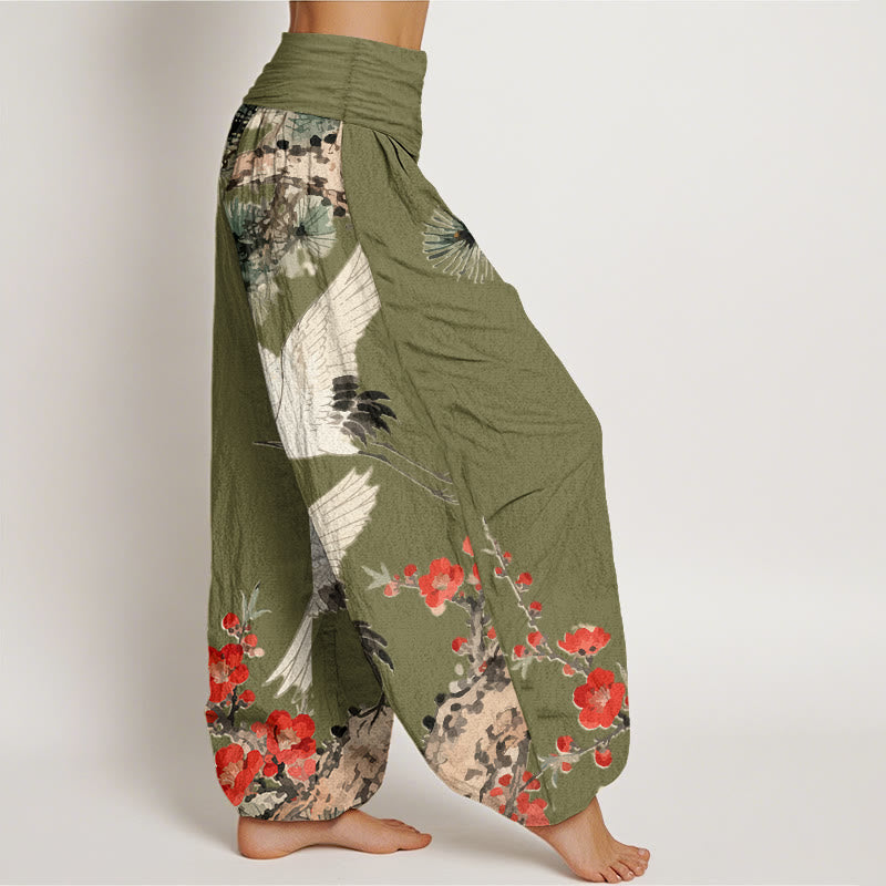 Nimara Ritual Print Cranes Plum Blossoms Pattern Women's Elastic Waist Harem Cotton Pants