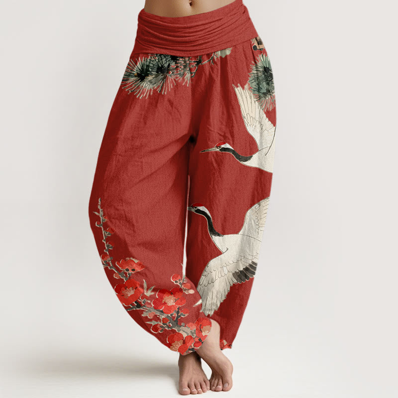 Nimara Ritual Print Cranes Plum Blossoms Pattern Women's Elastic Waist Harem Cotton Pants