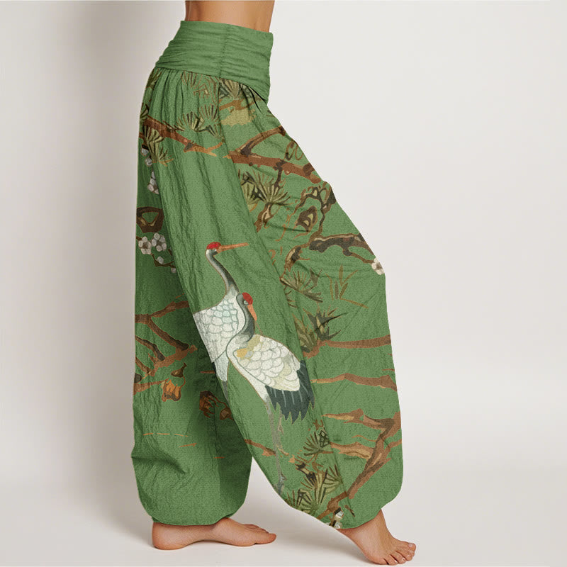 Nimara Ritual Print Plum Blossoms Cranes Pine Trees Pattern Women's Elastic Waist Harem Cotton Pants