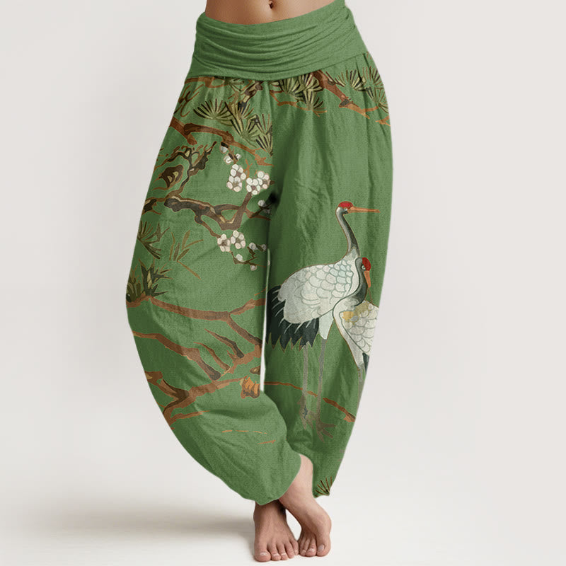 Nimara Ritual Print Plum Blossoms Cranes Pine Trees Pattern Women's Elastic Waist Harem Cotton Pants