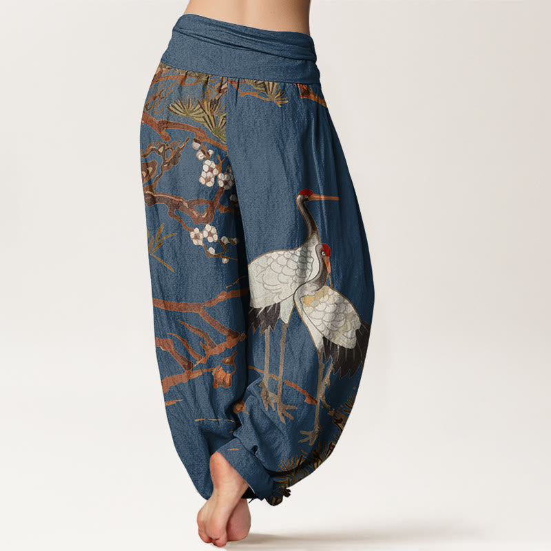 Nimara Ritual Print Plum Blossoms Cranes Pine Trees Pattern Women's Elastic Waist Harem Cotton Pants