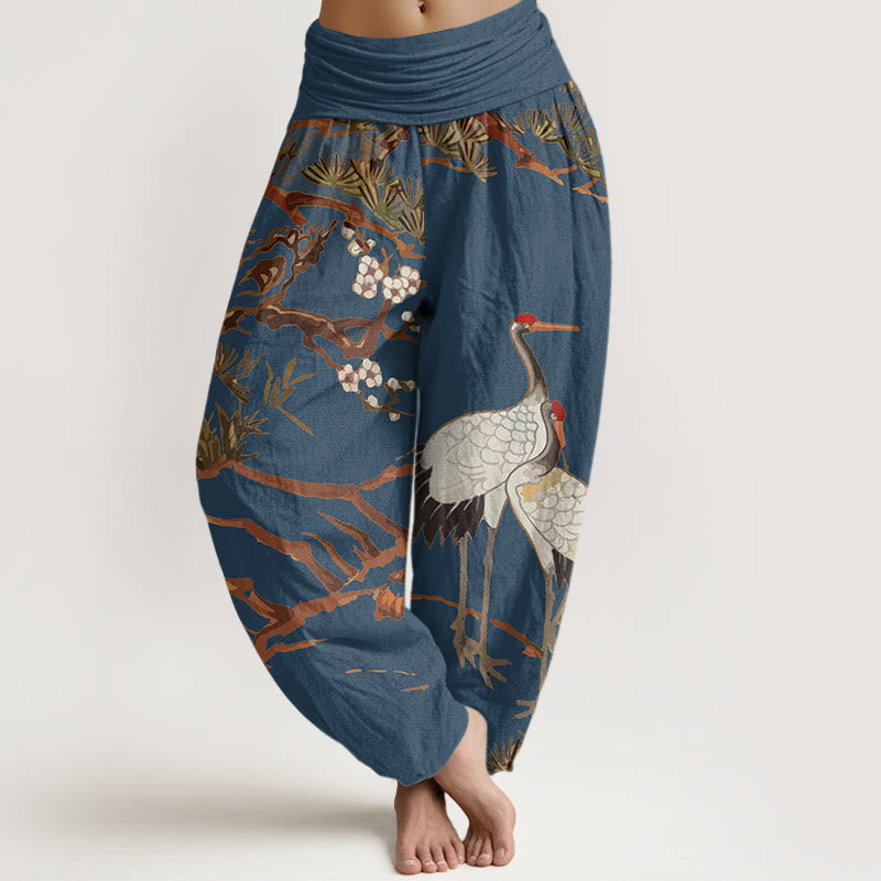 Nimara Ritual Print Plum Blossoms Cranes Pine Trees Pattern Women's Elastic Waist Harem Cotton Pants