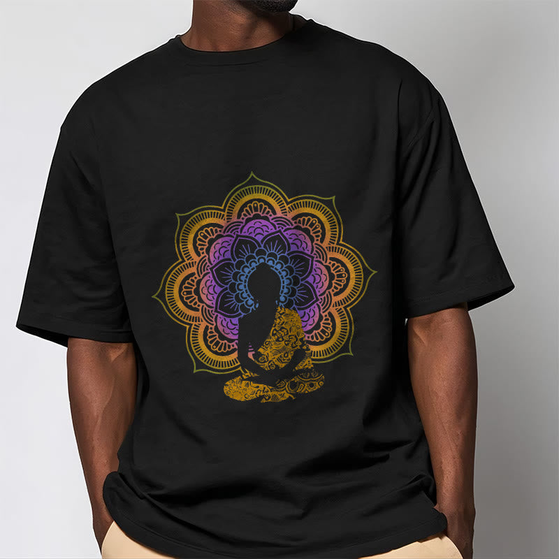 Nimara Ritual Multicolor Mandala Flower Seated Buddha Pattern Tee T-shirt