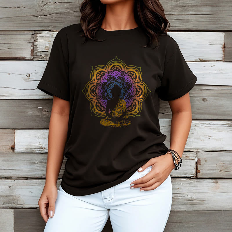Nimara Ritual Multicolor Mandala Flower Seated Buddha Pattern Tee T-shirt