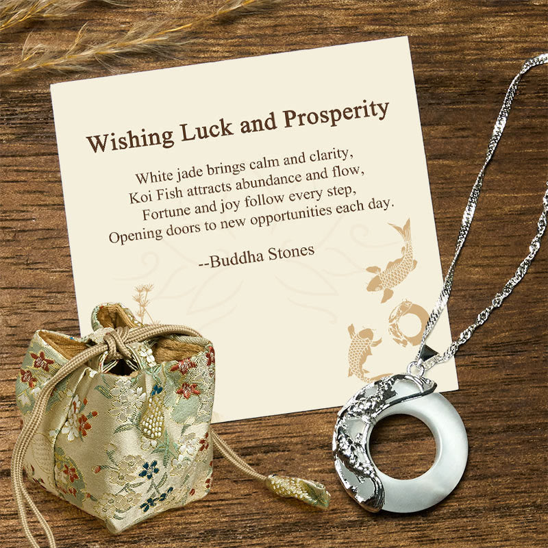 Nimara Ritual "Wishing Luck and Prosperity" White Jade Koi Fish Necklace Includes Gift Message Card