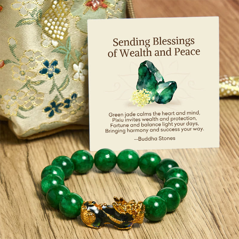 Nimara Ritual "Sending Blessings of Wealth and Peace" PiXiu Jade Bracelet Includes Gift Message Card