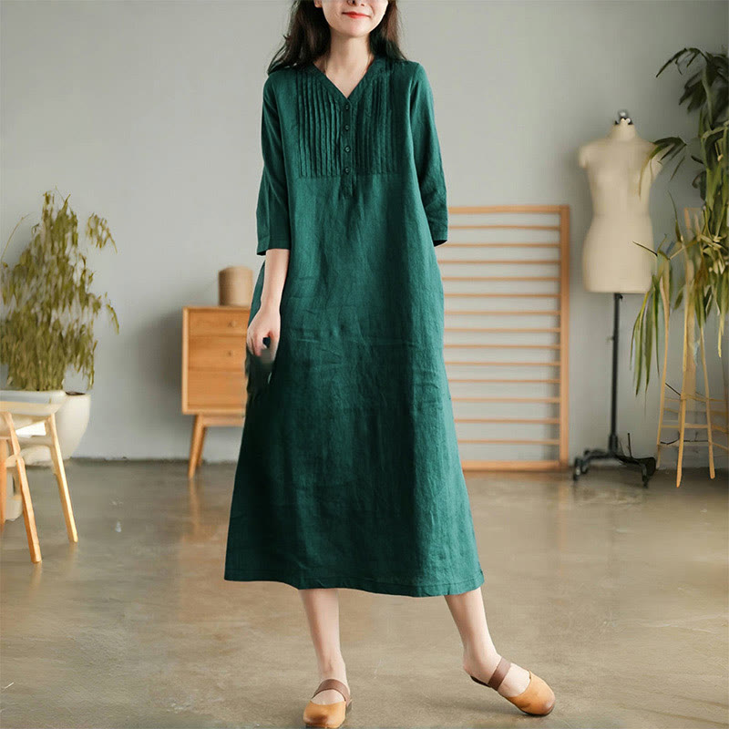 Nimara Ritual Casual Plain Accordion Pleats V-neck Half Sleeve Design Midi Dress With Pockets