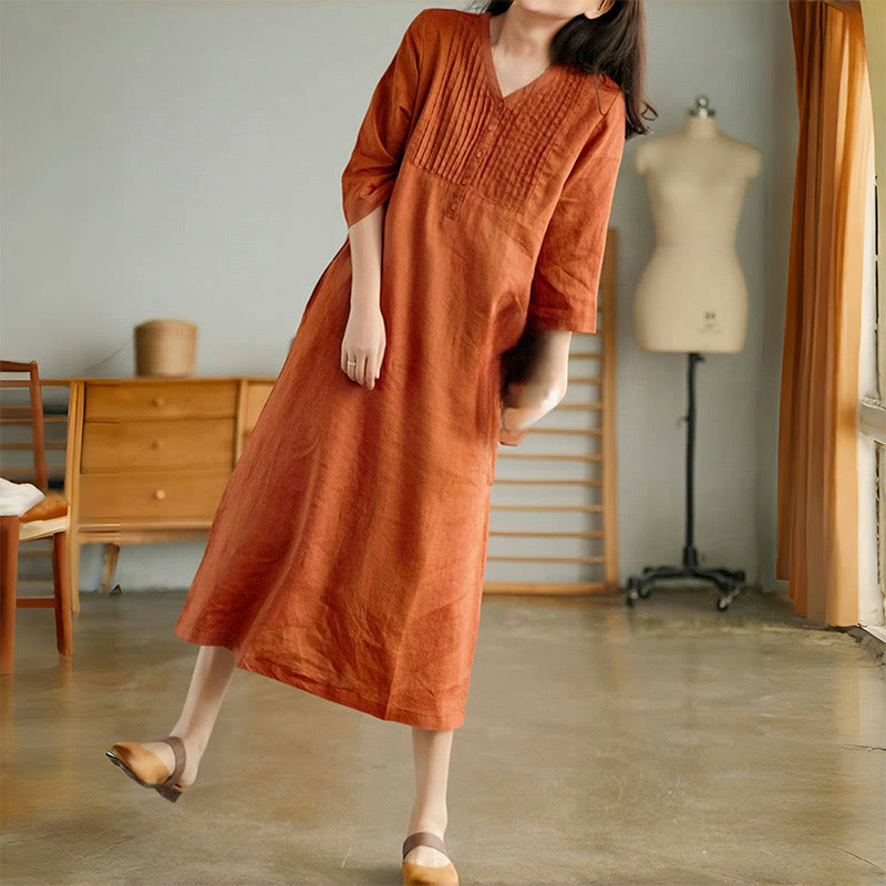 Nimara Ritual Casual Plain Accordion Pleats V-neck Half Sleeve Design Midi Dress With Pockets