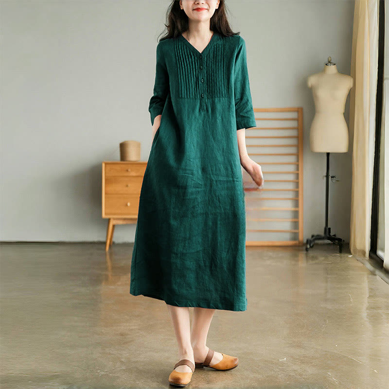 Nimara Ritual Casual Plain Accordion Pleats V-neck Half Sleeve Design Midi Dress With Pockets