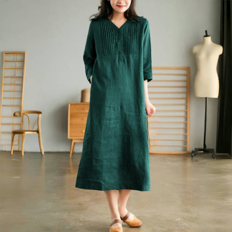 Nimara Ritual Casual Plain Accordion Pleats V-neck Half Sleeve Design Midi Dress With Pockets