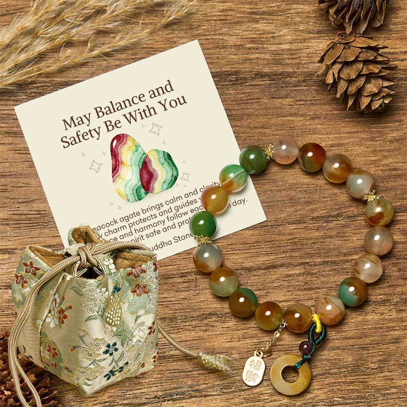 Nimara Ritual "May Balance and Safety Be With You"Peacock Agate Bracelet Includes Gift Message Card