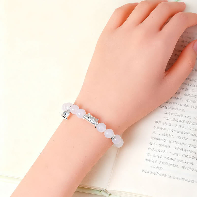 Nimara Ritual 999 Sterling Silver Natural Cat Head White Cat's Eye White Agate Positive Bracelet