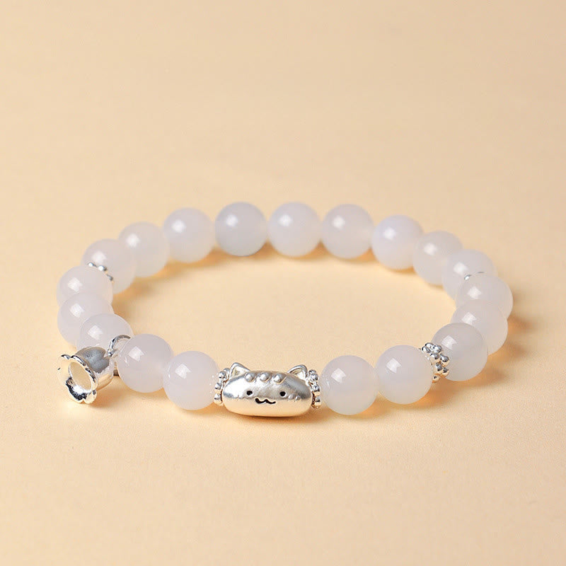 Nimara Ritual 999 Sterling Silver Natural Cat Head White Cat's Eye White Agate Positive Bracelet