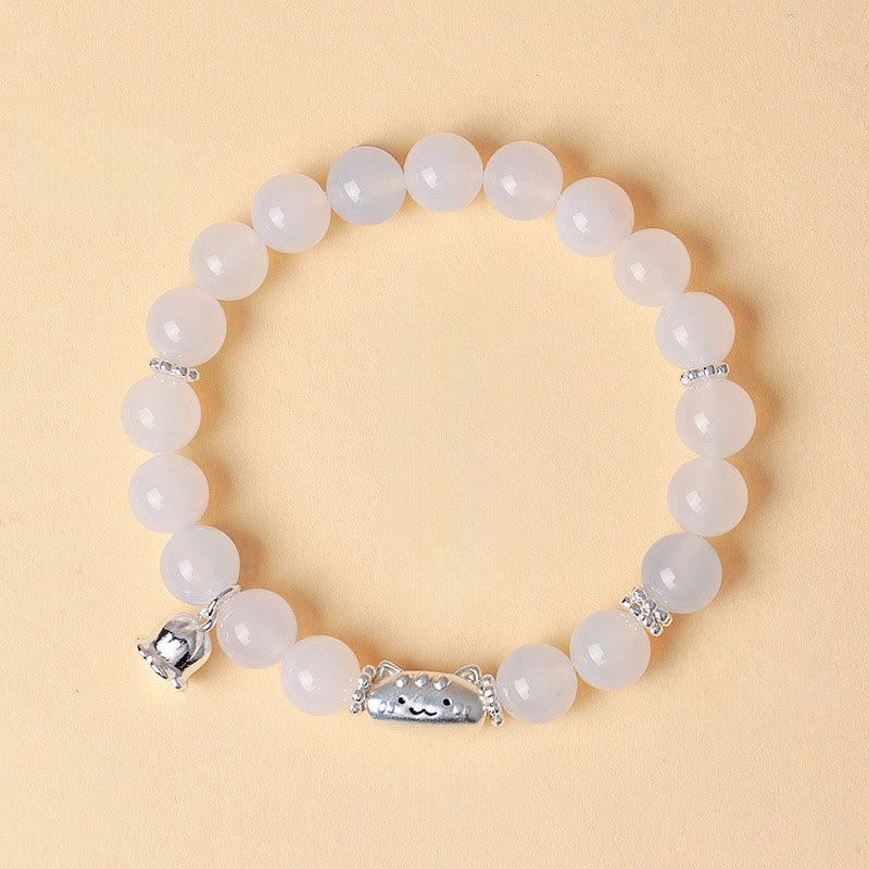 Nimara Ritual 999 Sterling Silver Natural Cat Head White Cat's Eye White Agate Positive Bracelet