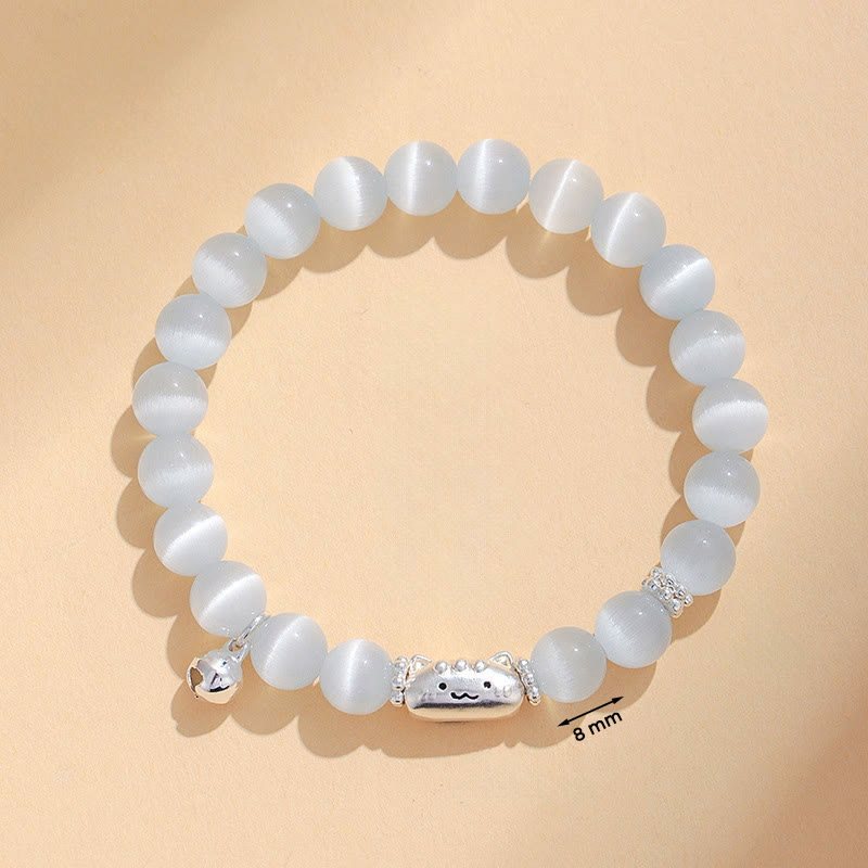 Nimara Ritual 999 Sterling Silver Natural Cat Head White Cat's Eye White Agate Positive Bracelet