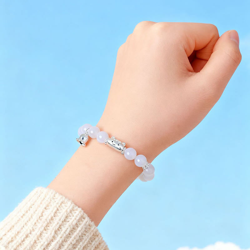 Nimara Ritual 999 Sterling Silver Natural Cat Head White Cat's Eye White Agate Positive Bracelet
