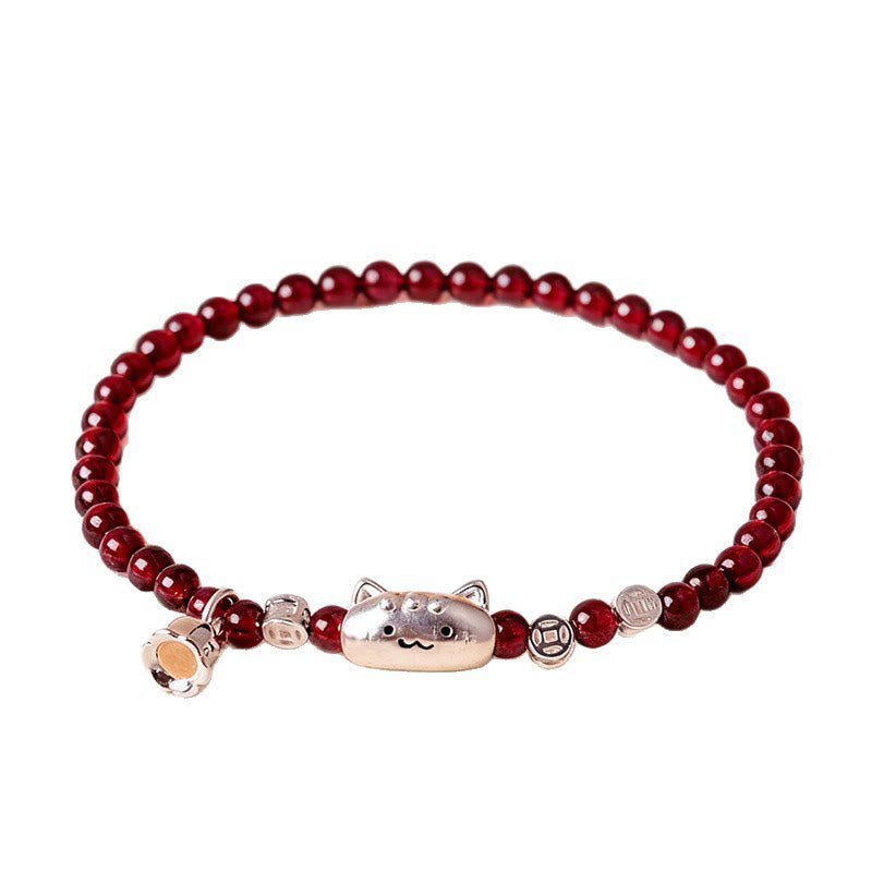 Nimara Ritual 999 Sterling Silver Natural Cute Cat Head Garnet Protection Bead Bracelet