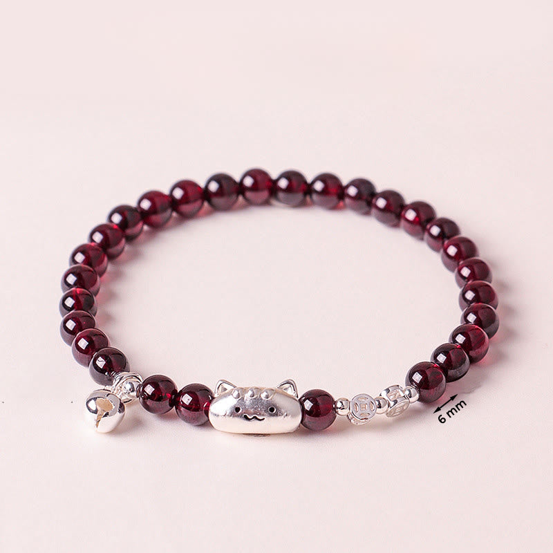 Nimara Ritual 999 Sterling Silver Natural Cute Cat Head Garnet Protection Bead Bracelet