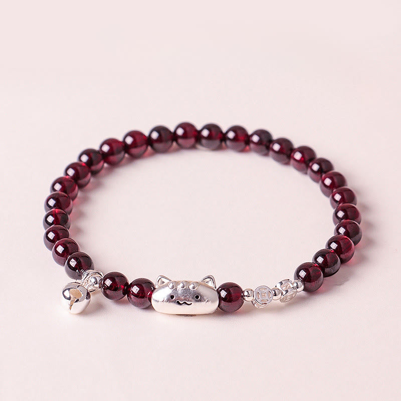 Nimara Ritual 999 Sterling Silver Natural Cute Cat Head Garnet Protection Bead Bracelet