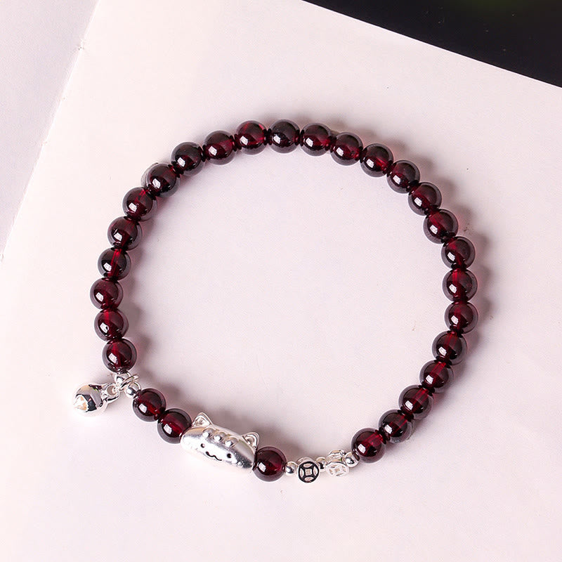Nimara Ritual 999 Sterling Silver Natural Cute Cat Head Garnet Protection Bead Bracelet