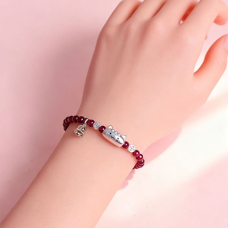 Nimara Ritual 999 Sterling Silver Natural Cute Cat Head Garnet Protection Bead Bracelet