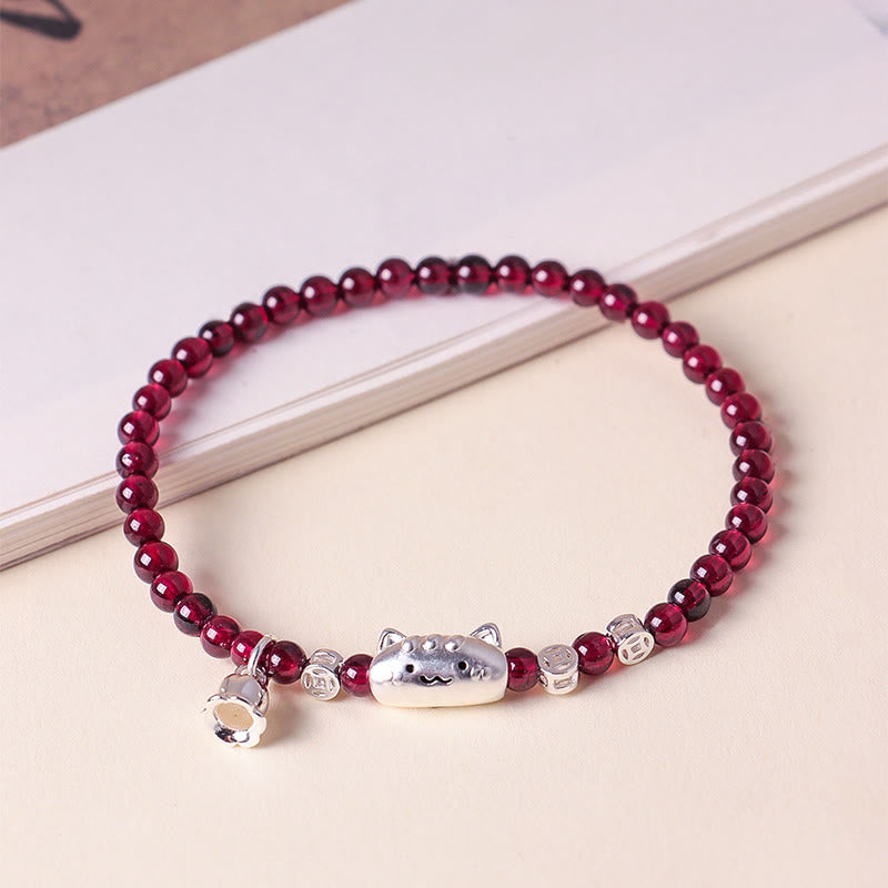Nimara Ritual 999 Sterling Silver Natural Cute Cat Head Garnet Protection Bead Bracelet