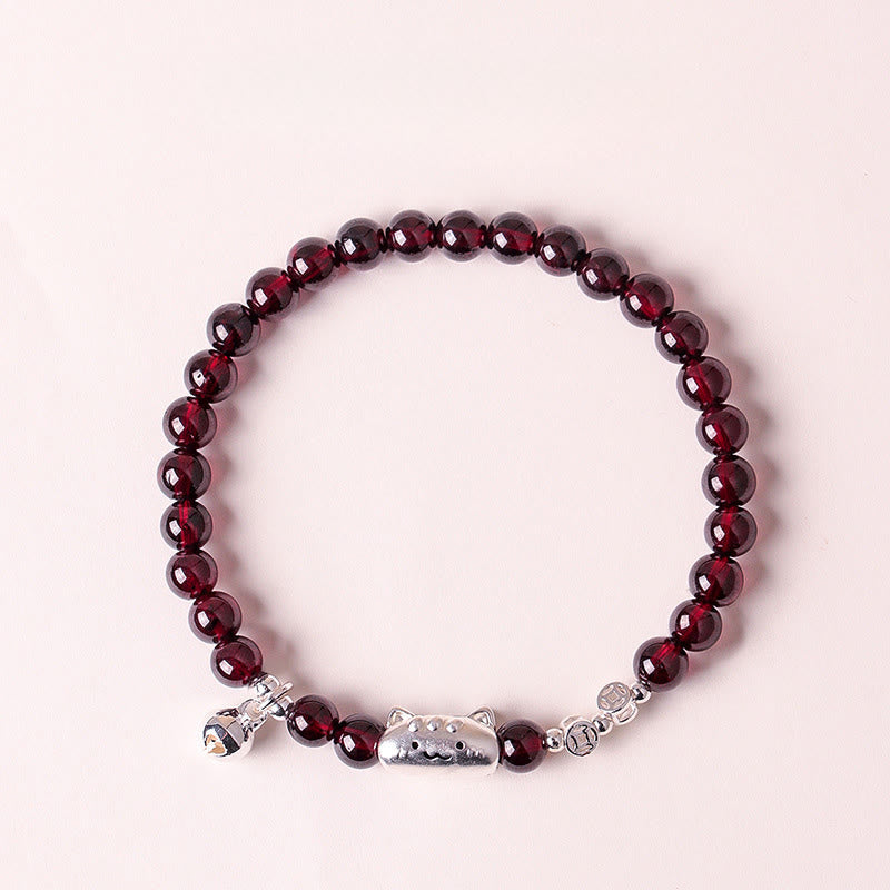 Nimara Ritual 999 Sterling Silver Natural Cute Cat Head Garnet Protection Bead Bracelet