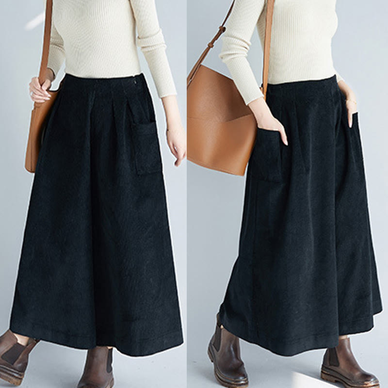 Nimara Ritual Women's Plain Side Zipper Design Wide Leg Corduroy 7-8 Length Pants With Pockets