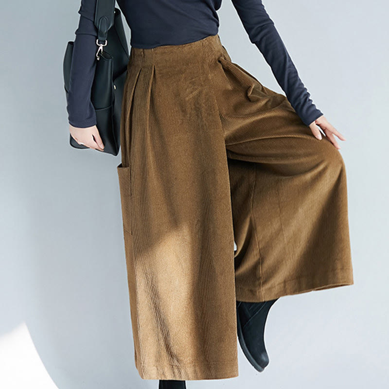 Nimara Ritual Women's Plain Side Zipper Design Wide Leg Corduroy 7-8 Length Pants With Pockets