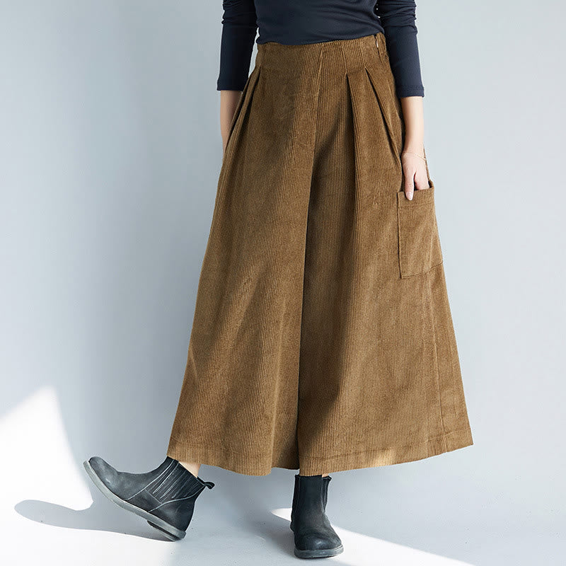 Nimara Ritual Women's Plain Side Zipper Design Wide Leg Corduroy 7-8 Length Pants With Pockets