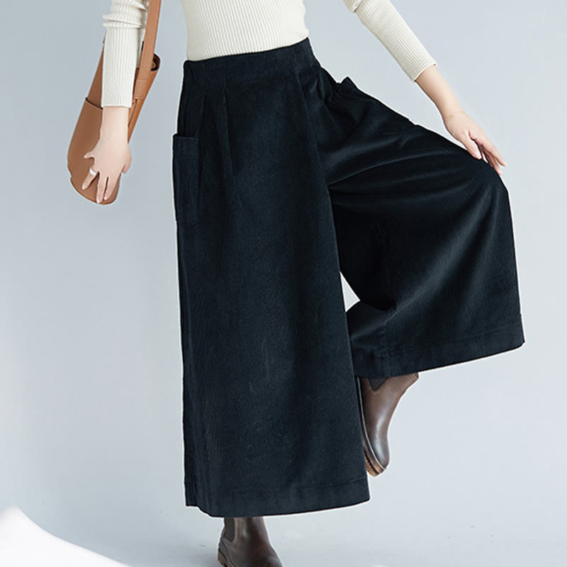 Nimara Ritual Women's Plain Side Zipper Design Wide Leg Corduroy 7-8 Length Pants With Pockets