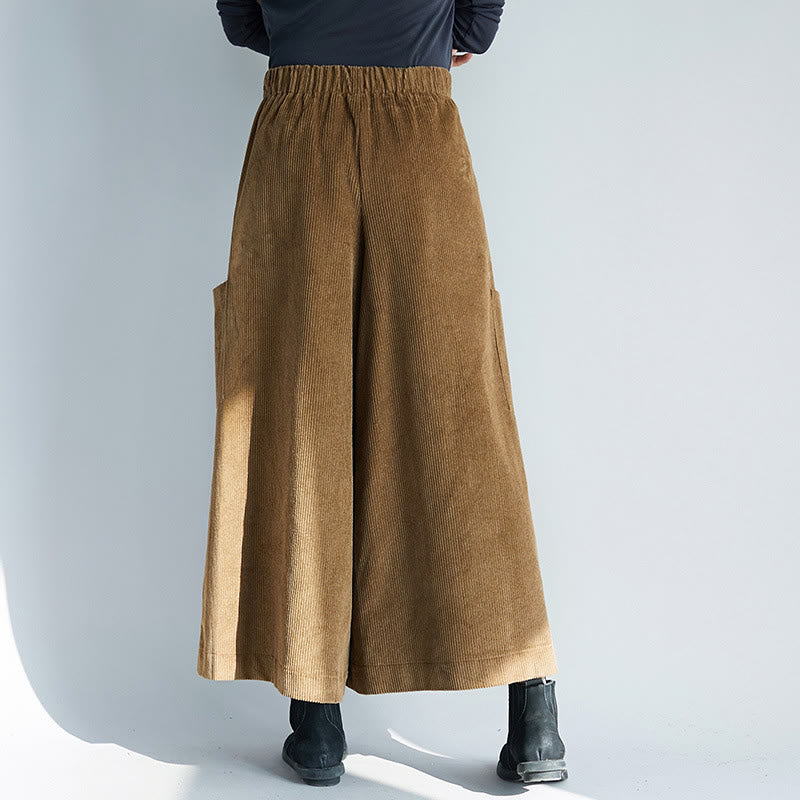 Nimara Ritual Women's Plain Side Zipper Design Wide Leg Corduroy 7-8 Length Pants With Pockets