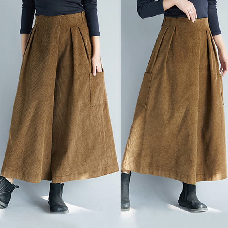 Nimara Ritual Women's Plain Side Zipper Design Wide Leg Corduroy 7-8 Length Pants With Pockets