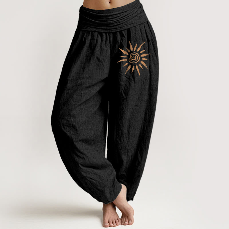 Nimara Ritual Spiral Center Sun Pattern Women's Elastic Waist Harem Pure Cotton Pants
