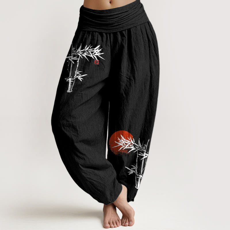 Nimara Ritual Bamboo Leaves Red Sun Pattern Women's Elastic Waist Harem Pure Cotton Pants