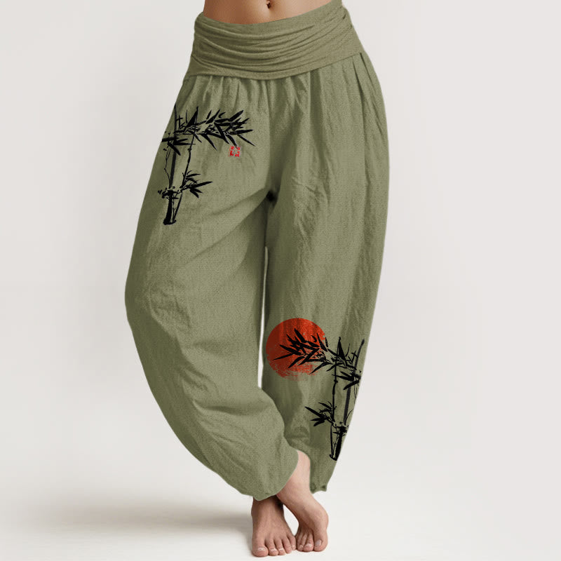 Nimara Ritual Bamboo Leaves Red Sun Pattern Women's Elastic Waist Harem Pure Cotton Pants