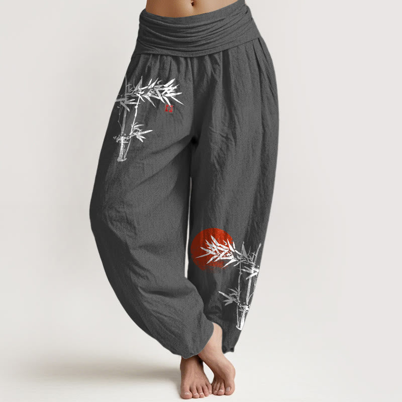 Nimara Ritual Bamboo Leaves Red Sun Pattern Women's Elastic Waist Harem Pure Cotton Pants