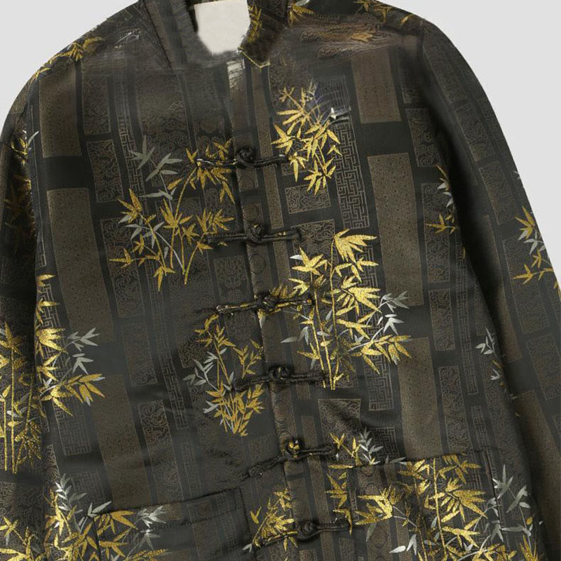 Nimara Ritual Golden Bamboo Jacquard Frog-Button Long Sleeve Men's Jacket With Pockets