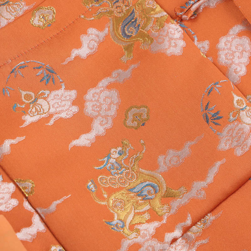 Nimara Ritual Orange Kirin Auspicious Clouds Frog-Button Long Sleeve Men's Jacket With Pockets