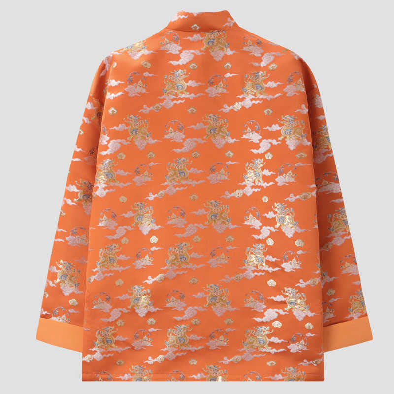 Nimara Ritual Orange Kirin Auspicious Clouds Frog-Button Long Sleeve Men's Jacket With Pockets