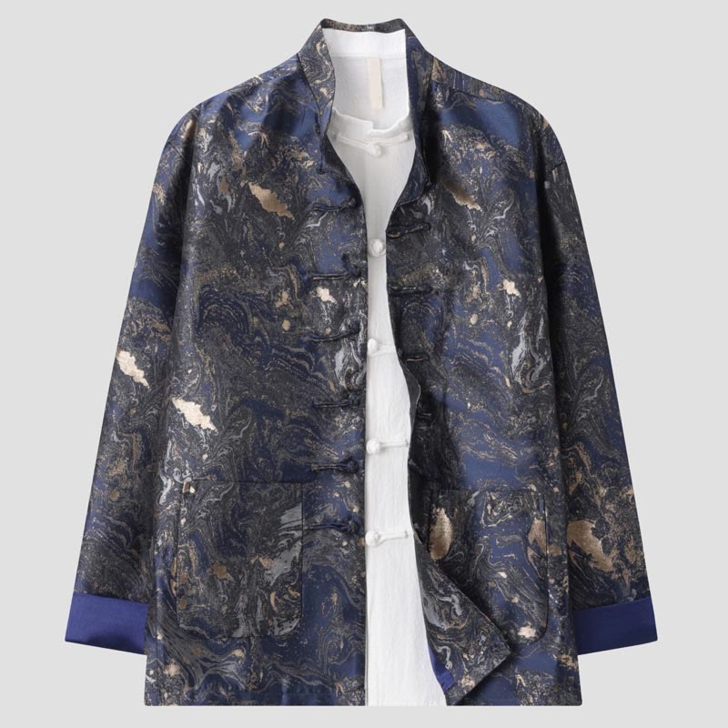 Nimara Ritual Blue Flowing Water Mountains Frog-Button Long Sleeve Men's Jacket With Pockets