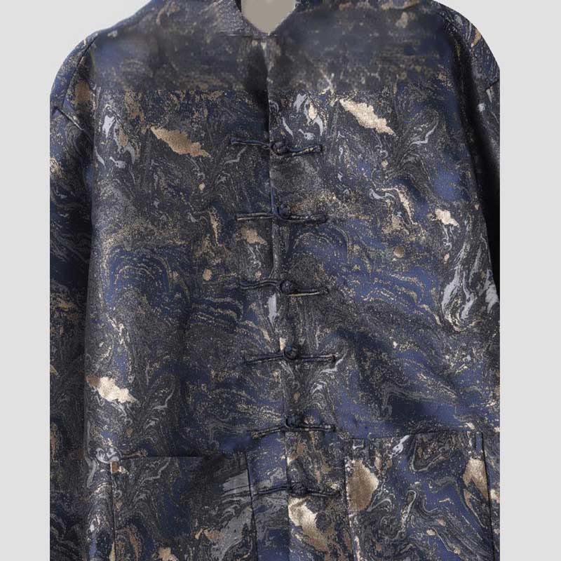 Nimara Ritual Blue Flowing Water Mountains Frog-Button Long Sleeve Men's Jacket With Pockets