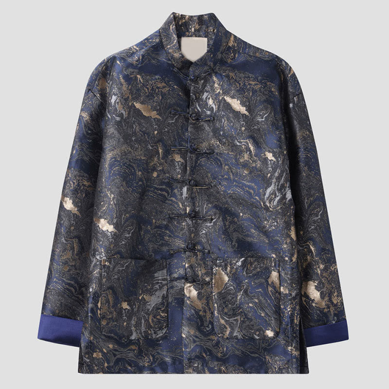 Nimara Ritual Blue Flowing Water Mountains Frog-Button Long Sleeve Men's Jacket With Pockets