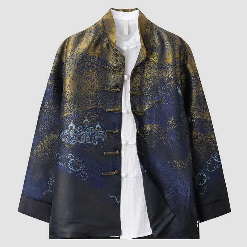 Nimara Ritual Golden Desert Blue Flowers Frog-Button Long Sleeve Men's Jacket With Pockets